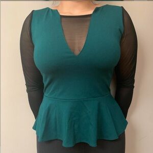 Amanda Uprichard Peplum Sheer Emerald Green Long Sleeve Blouse size M